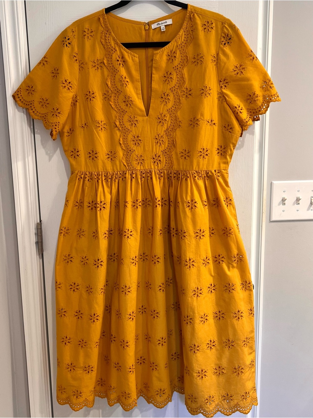Madewell Size 14 Cotton Eyelet Fit & Flare Dress Mustard Lace Wedding Guest Fall